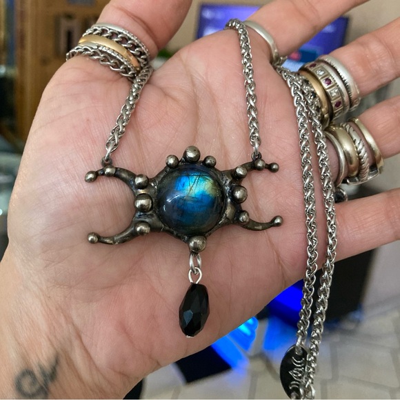 Natural labradorite gemstone triple moon goddess charm boho goth necklace . - Picture 10 of 12